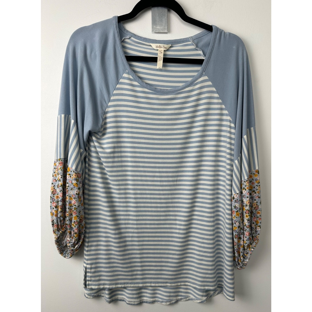 Matilda Jane Heart to Heart Botanical Blue Floral Baseball tee Size S LS A36 - Picture 2 of 8